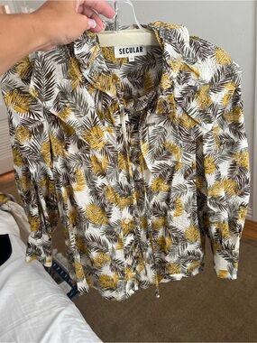 Secular 100% cotton XS NEW Yellow & Brown Leaf Print Button-Front Blouse